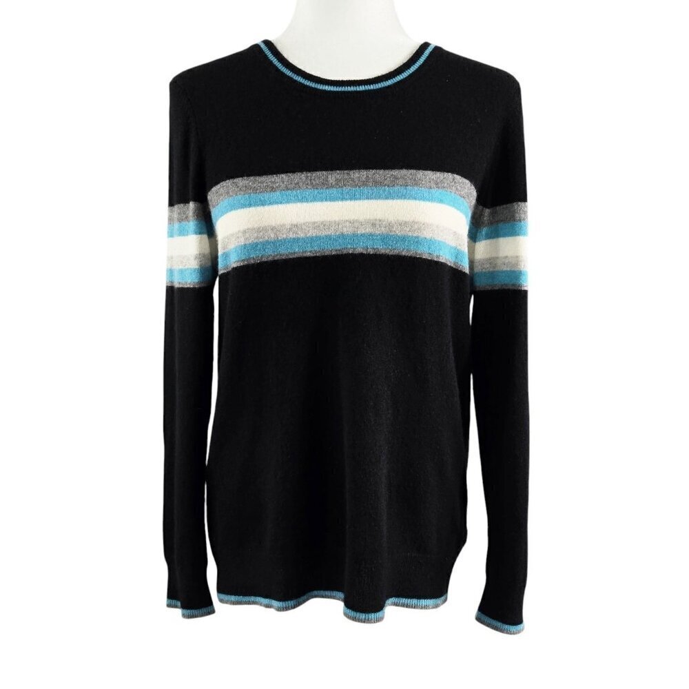 Charter Club Luxury 100% Cashmere Black Stripe Crew Neck Sweater Cozy Preppy